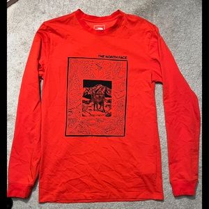 The North Face deer design orange long sleeve shirt